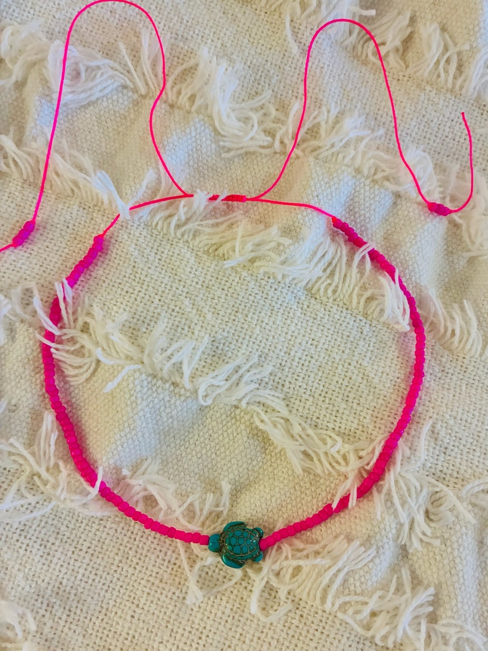 Super Cool Hot Pink Petite Glass Bead Necklace with Turquoise Howlite Turtle